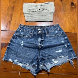 Aerie American‎ Eagle Women's Outfit Bundle Blue Distressed Jean Shorts Crochet
